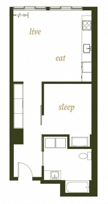 Floor plan for 1 bed, 1 bath, 645 sqft